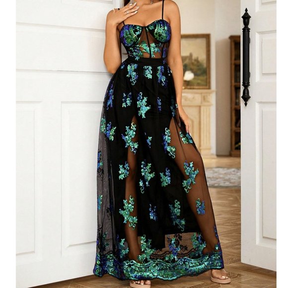 Floral Sequin Mesh Overlay Cami Party Dress - Picture 3 of 6